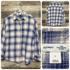 Old Navy The Boyfriend Shirt Women’s S White Blue Plaid Button Up